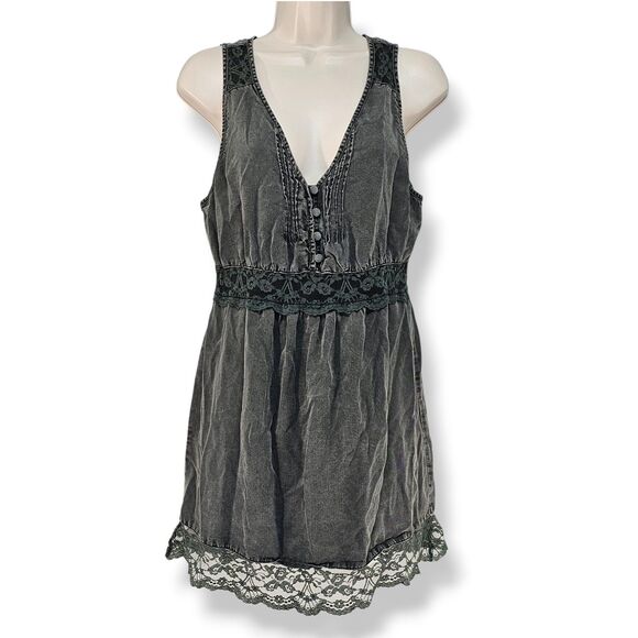 Free People Charcoal Sleeveless Mini Dress with Lace Trim & Button Detail Size S - Picture 1 of 7